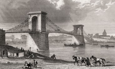 The Passerelle de Constantine, Paris, France, antique steel engraved print, 1831, Europe