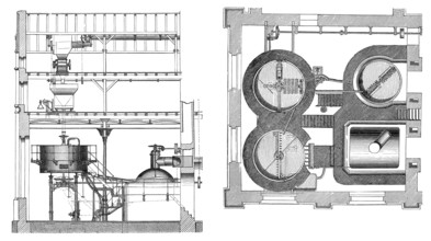 Historic illustration, 19th century, Brewhouse, brewing kettle, Mash-tub, historische Zeichnung, 19