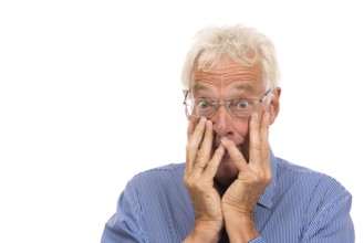 Portrait surprised senior man isolated against white background