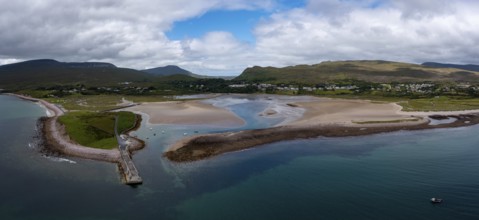 A panorama landscape of the village and harbor of Mulranny in County Mayo of western Ireland