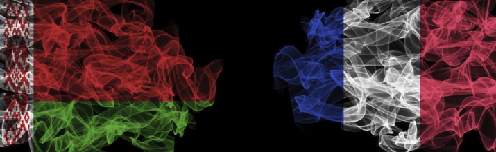 Flags of Belarus and France on Black background, Belarus vs France Smoke Flags