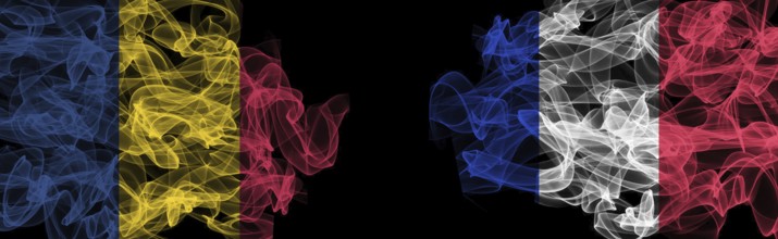Flags of Romania and France on Black background, Romania vs France Smoke Flags