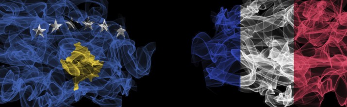 Flags of Kosovo and France on Black background, Kosovo vs France Smoke Flags