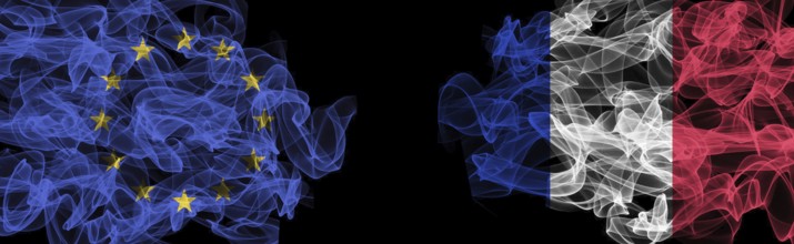 Flags of EU and France on Black background, EU vs France Smoke Flags