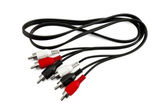 Connecting wires in black with red, white and black connectors isolated on white background
