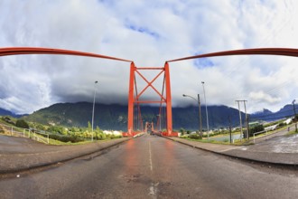 Patagonia, Chile. Red bridge over the fjord. The picture was taken Fisheye lens