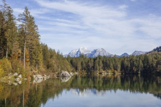 Mountain massif Hoher Göll with forest at Hintersee in autumn, Ramsau, Berchtesgaden,