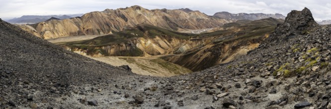 Rhyolite mountains, lava scree, panoramic view, Landmannalaugar, Fjallabak nature reserve,