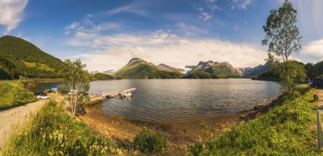 Panorama, rest area, mountains, lake, fjord, Svartisen, glacier, Svartisen Gard, Norway, Europe