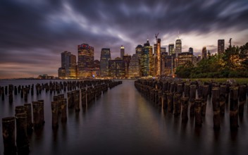 The Manhattan skyline as seen from Brooklyn at night. New York, USA, North America