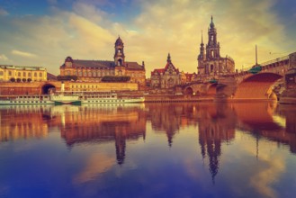 Dresden skyline reflecion in Elbe river at sunset in Saxony of Germany
