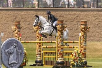 Hillary Scott of Australia riding Oaks Milky Way, compete in the 1.60m Grand Prix during The
