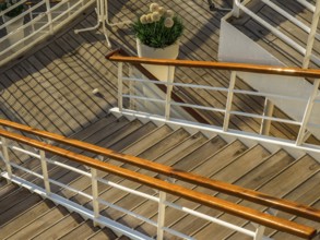 Wooden staircase with railing on a ship deck and a decorative potted plant with flowers, stockholm,