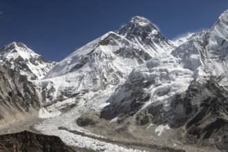 Classic, famous view of Mount Everest, called Sagarmatha in Nepal and Chomolungma in Tibet. Right