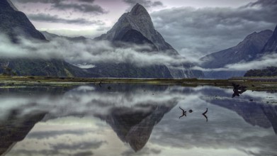 Milford Sound, fog, reflection, lake, South Island, mountains, New Zealand, Milford Sound, South