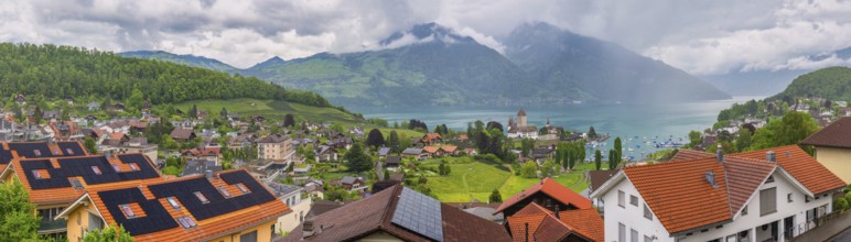 Spiez Switzerland, panorama city skyline at Lake Thun (Thunersee)