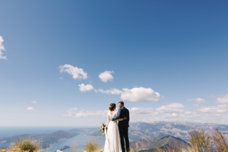 Newlyweds stand with their backs hugged against the backdrop of mountains and a bright blue sky.