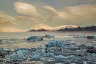 Sunrise in Jokulsarlon glacier lagoon in Vatnajokull National Park, Iceland, Europe