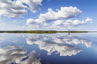 Landscape with a symmetrical reflection on the Vyg river (part of the White Sea-Baltic Canal),