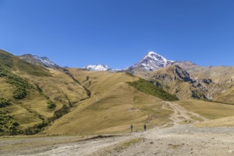View of Mount Kazbek from Gergeti Trinity Church in autumn, Georgia, Asia