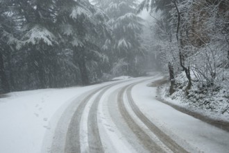 Snow covered ghat road, shankaracharya temple, srinagar, kashmir, india, asia