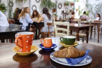 Breakfast with croissant, Sant Francesc, Formentera, Balearic Islands, Spain, Europe
