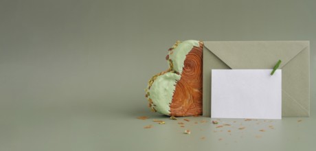White empty mock up template paper note card Delicious fresh croissant topped with Matcha Green Tea