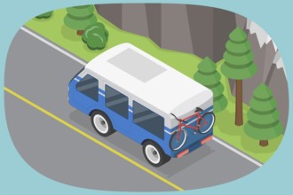 3D Isometric Flat Illustration of Car Summer Traveling, Mountain Road Trip