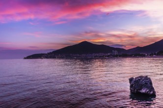 Sunset view on sea and Budva, Montenegro, Europe