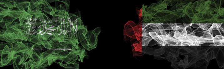Flags of Saudi Arabia and UAE on Black background, Saudi Arabia vs United Arab Emirates Smoke Flags