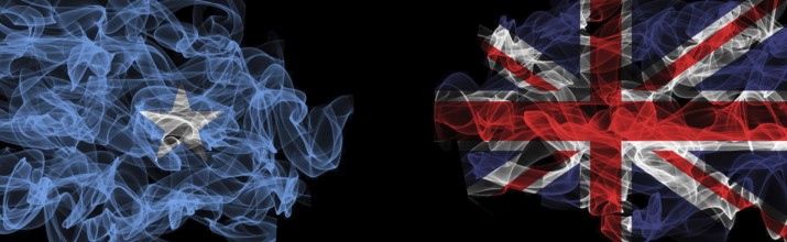 Flags of Somalia and United Kingdom on Black background, Somalia vs United Kingdom Smoke Flags