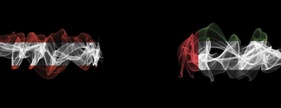 Flags of Austria and UAE on Black background, Austria vs United Arab Emirates Smoke Flags