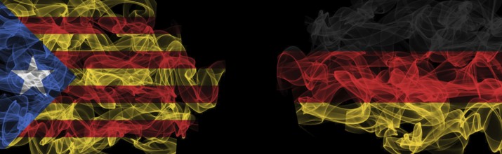 Flags of Catalonia and Germany on Black background, Catalonia vs Germany Smoke Flags
