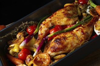 Roasted chicken legs with various vegetables
