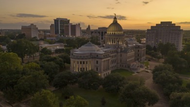 Building lights just came on Aerial view of the Mississippi State Capital building