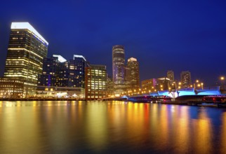Boston sunset skyline from Fan Pier in Massachusetts USA