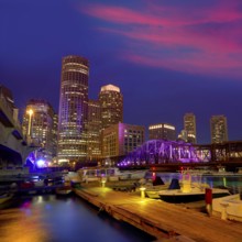 Boston sunset skyline from Fan Pier in Massachusetts USA