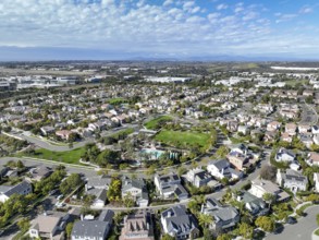 Aerial view of large-scale villa in wealthy residential town of Carlsbad, South California, USA.