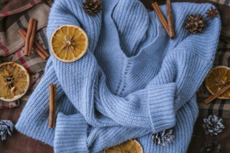 Blue sweater and cinnamon sticks and anise star. Dry slices of citrus orange and cones. Hot winter