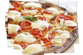 Creative picture of Pizza Margherita with Mozzarella cheese, basil and tomatoes