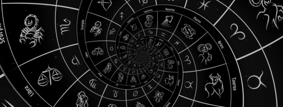 Astrological background with zodiac signs and symbol, black