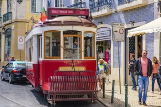 Tram running on the street in Lisbon, Portugal, Europe