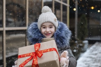 Portrait of joyful girl with a gift box for Christmas on a city street in winter with snow on a