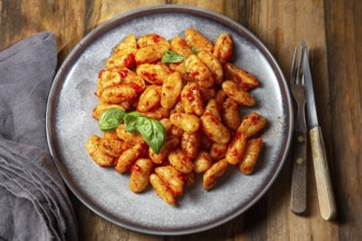 Food, Food, Traditional Italian potato Gnocchi with tomato sauce and fresh basil on blue plate on