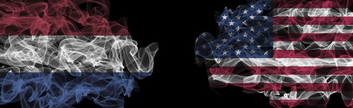 Flags of Netherlands and USA on Black background, Netherlands vs USA Smoke Flags