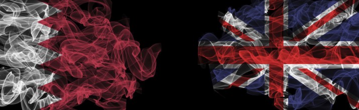 Flags of Bahrain and the United Kingdom on a black background, Bahrain vs United Kingdom Smoke