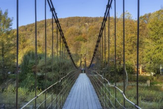 Suspension pedestrian bridge across the river Belaya, Kamennomostsky, Russia, Europe