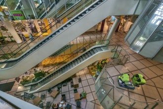 Shopping centre, the Fenepark, entrance area with escalators, Kempten, Allgäu, Bavaria, Germany,