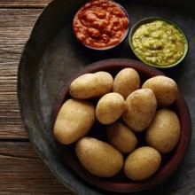 Papas arrugas al mojo Canary islands wrinkled potatoes with green and red sauces
