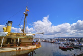 O Grove Ogrove port with fishing boats of Arosa river in Pontevedra of Galicia Spain